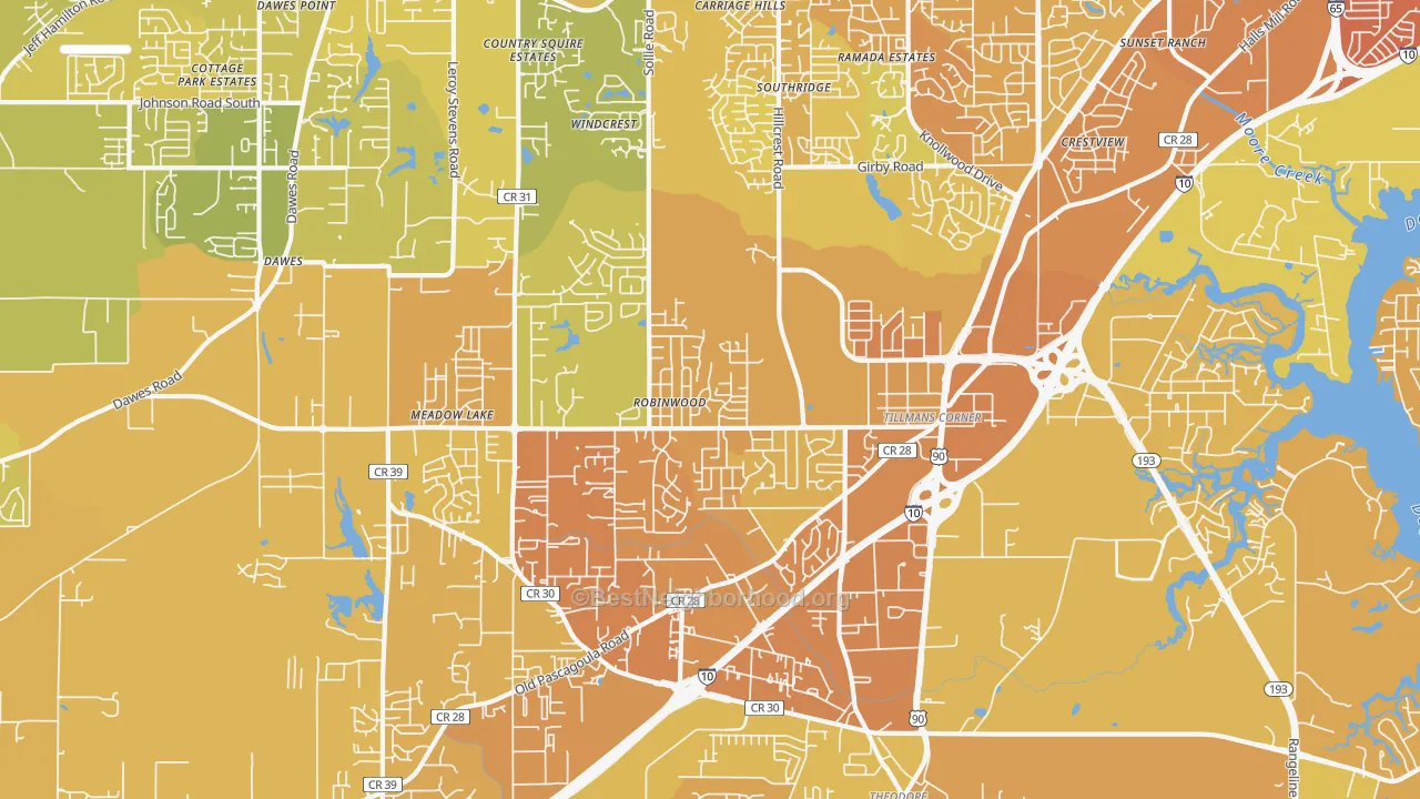 Map of the best neighborhoods in the 36619 area, with better matches in green and worse matches in red