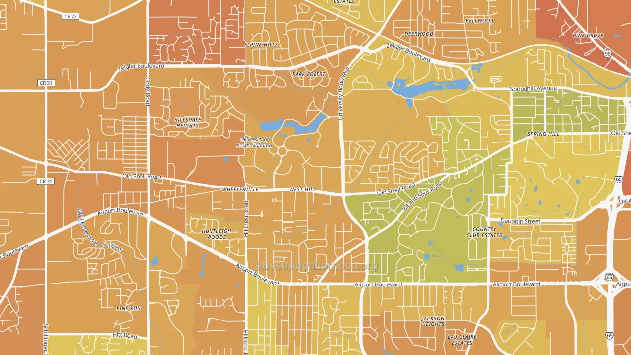 Map of the best neighborhoods in the 36688 area, with better matches in green and worse matches in red