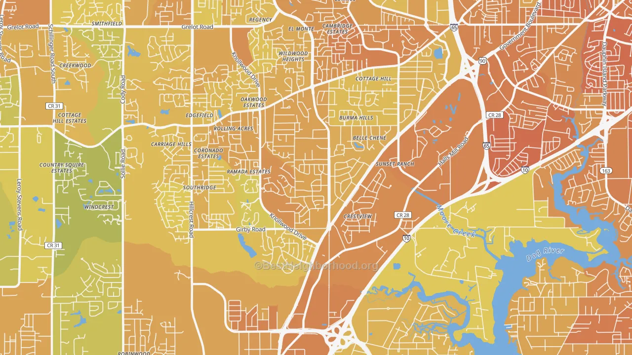 Map of the best neighborhoods in the 36693 area, with better matches in green and worse matches in red