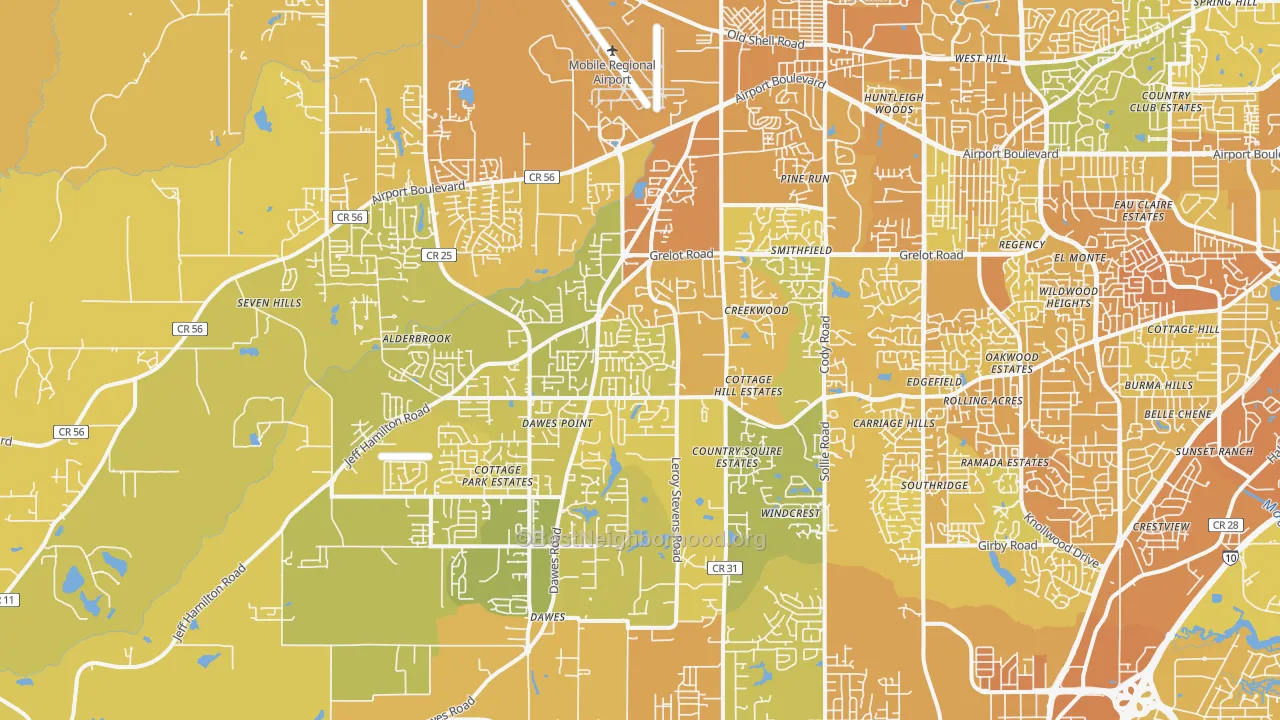 Map of the best neighborhoods in the 36695 area, with better matches in green and worse matches in red