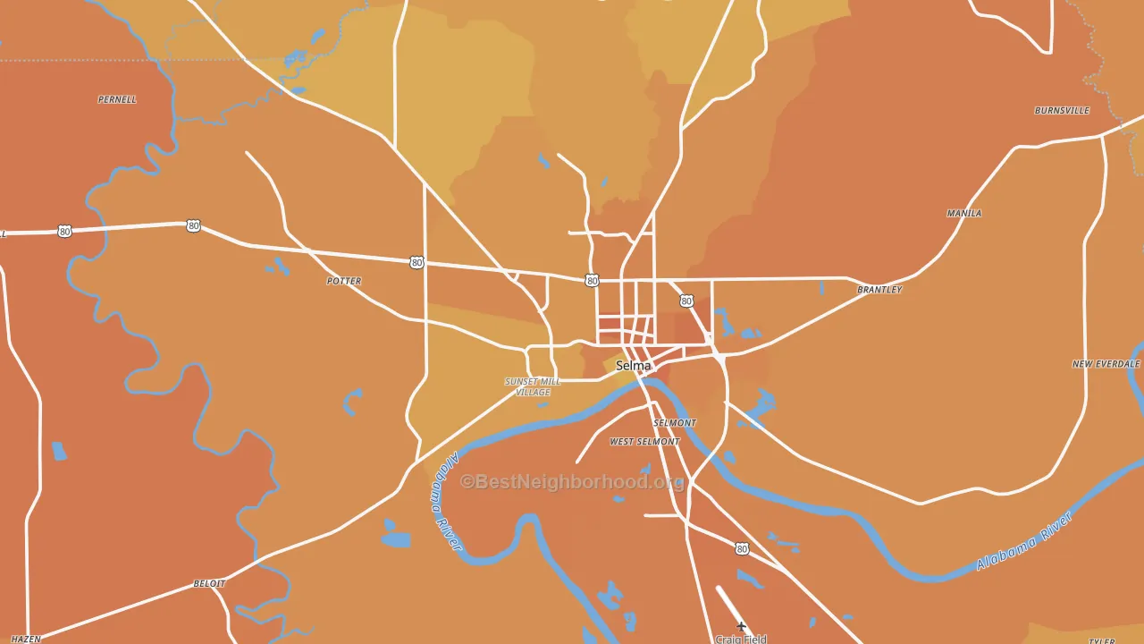 Map of the best neighborhoods in the 36701 area, with better matches in green and worse matches in red