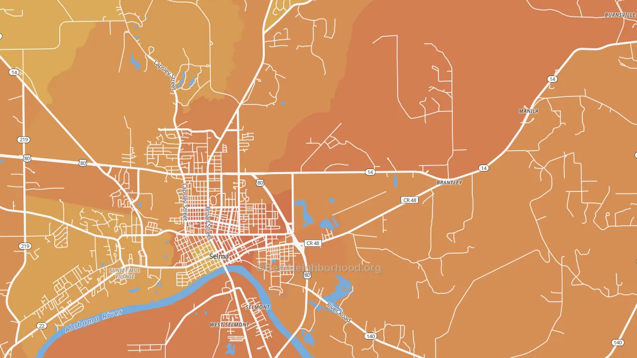Map of the best neighborhoods in the 36703 area, with better matches in green and worse matches in red