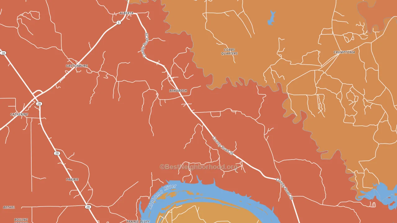 Map of the best neighborhoods in the 36720 area, with better matches in green and worse matches in red