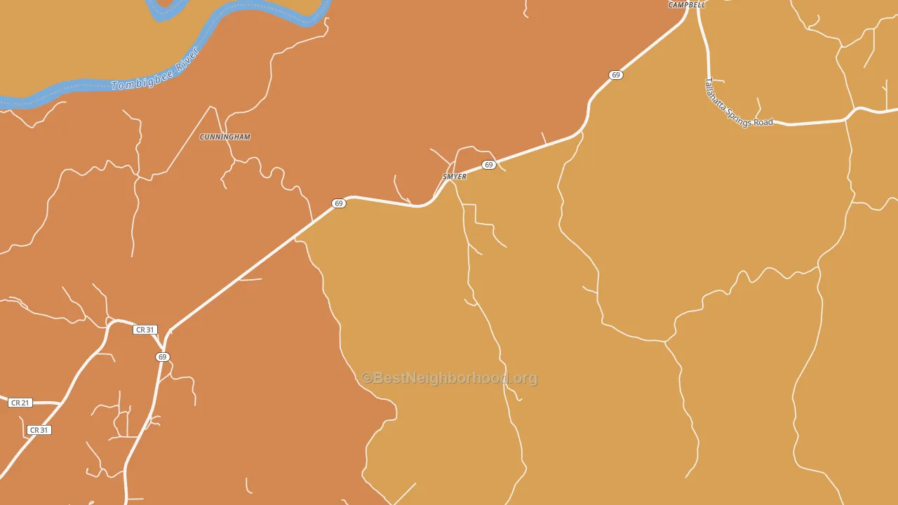 Map of the best neighborhoods in the 36727 area, with better matches in green and worse matches in red