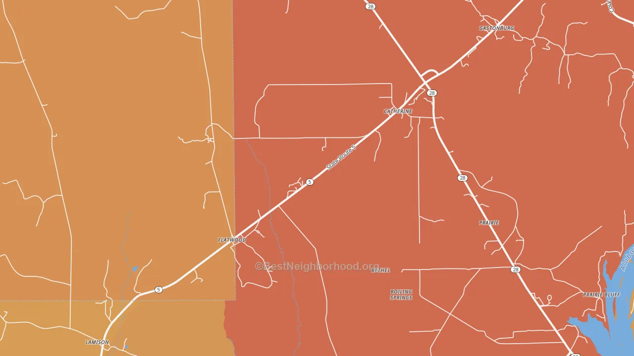 Map of the best neighborhoods in the 36728 area, with better matches in green and worse matches in red