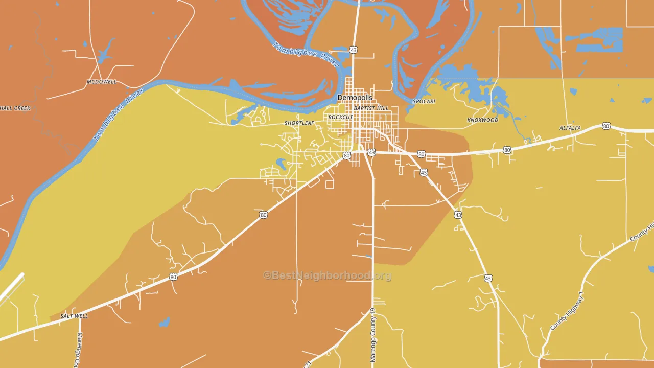 Map of the best neighborhoods in the 36732 area, with better matches in green and worse matches in red