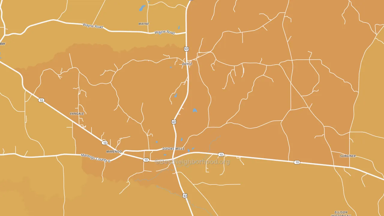 Map of the best neighborhoods in the 36736 area, with better matches in green and worse matches in red