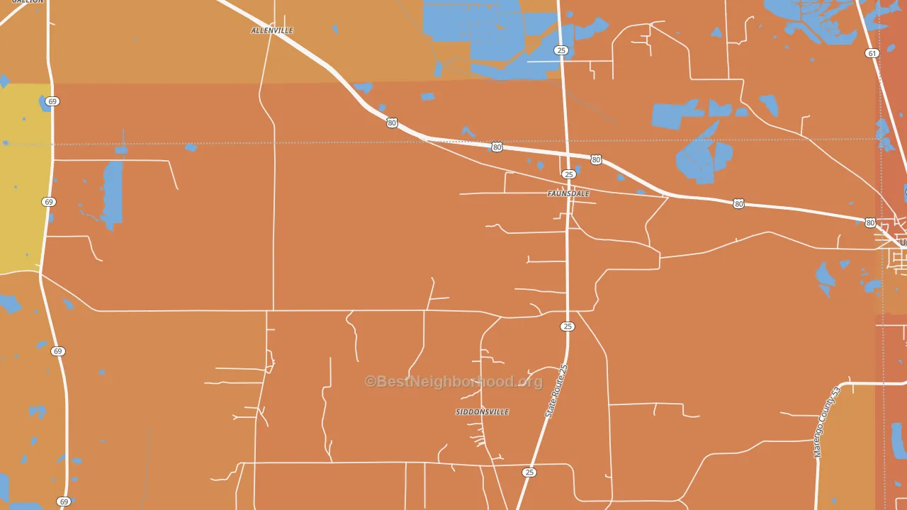 Map of the best neighborhoods in the 36738 area, with better matches in green and worse matches in red