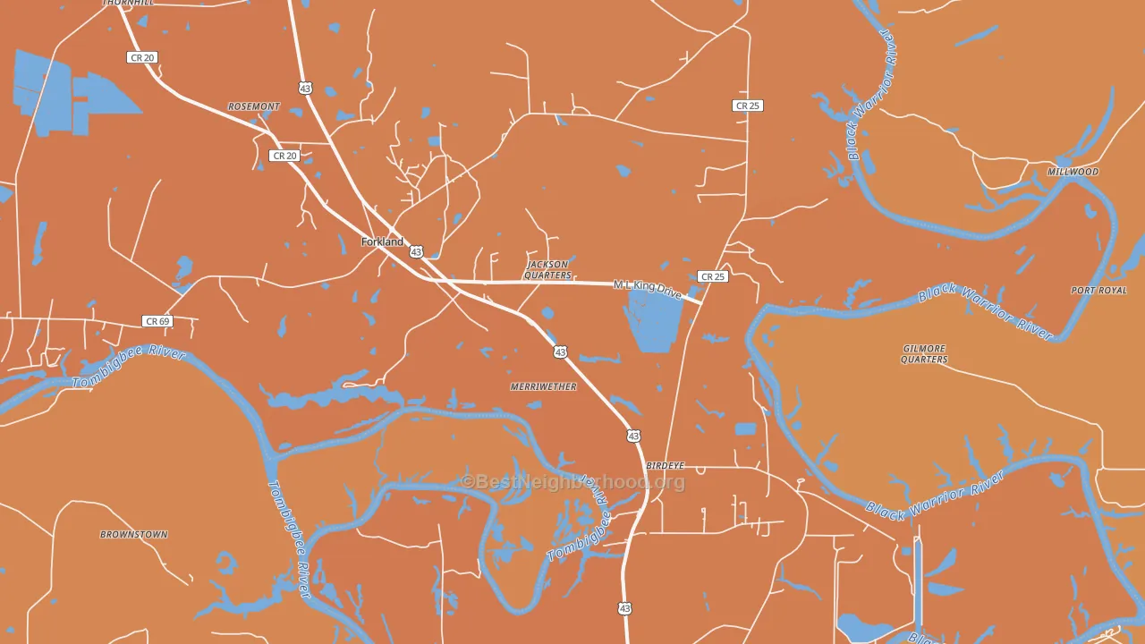 Map of the best neighborhoods in the 36740 area, with better matches in green and worse matches in red