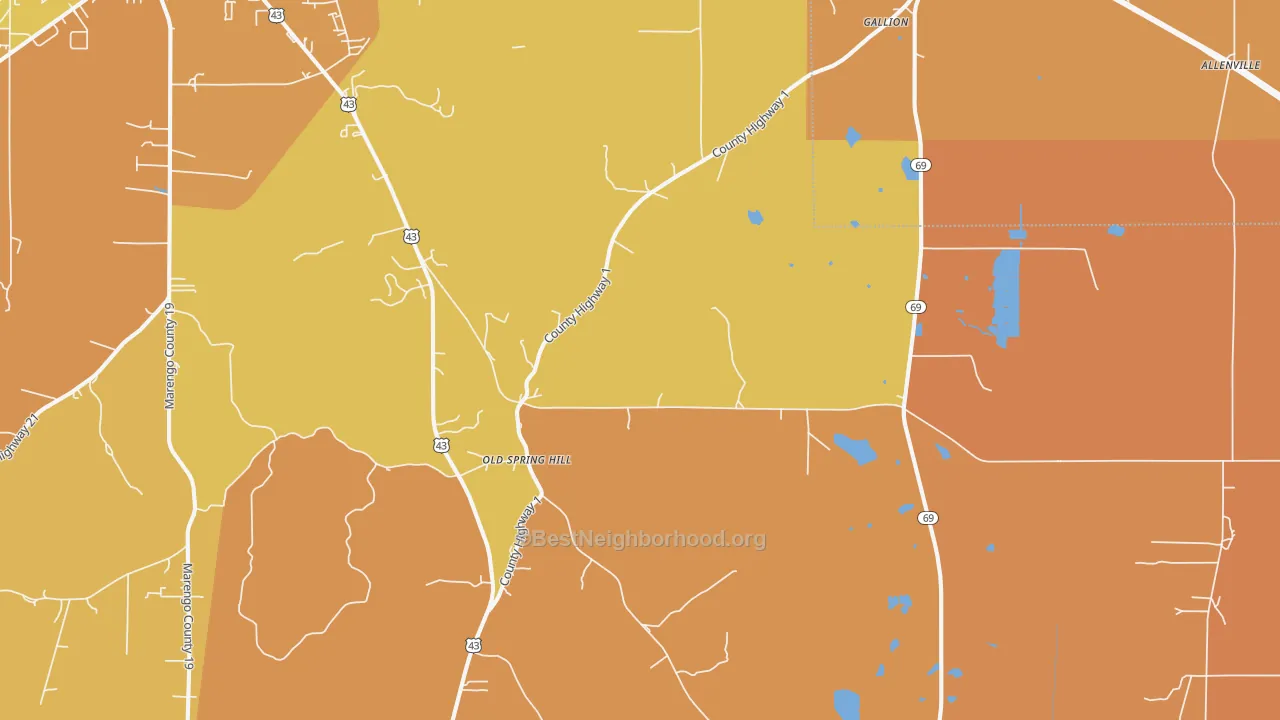 Map of the best neighborhoods in the 36742 area, with better matches in green and worse matches in red