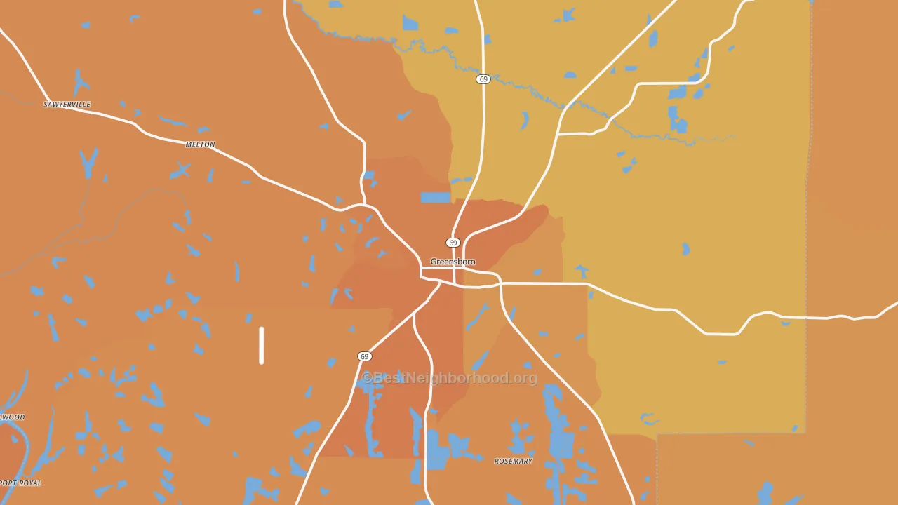 Map of the best neighborhoods in the 36744 area, with better matches in green and worse matches in red