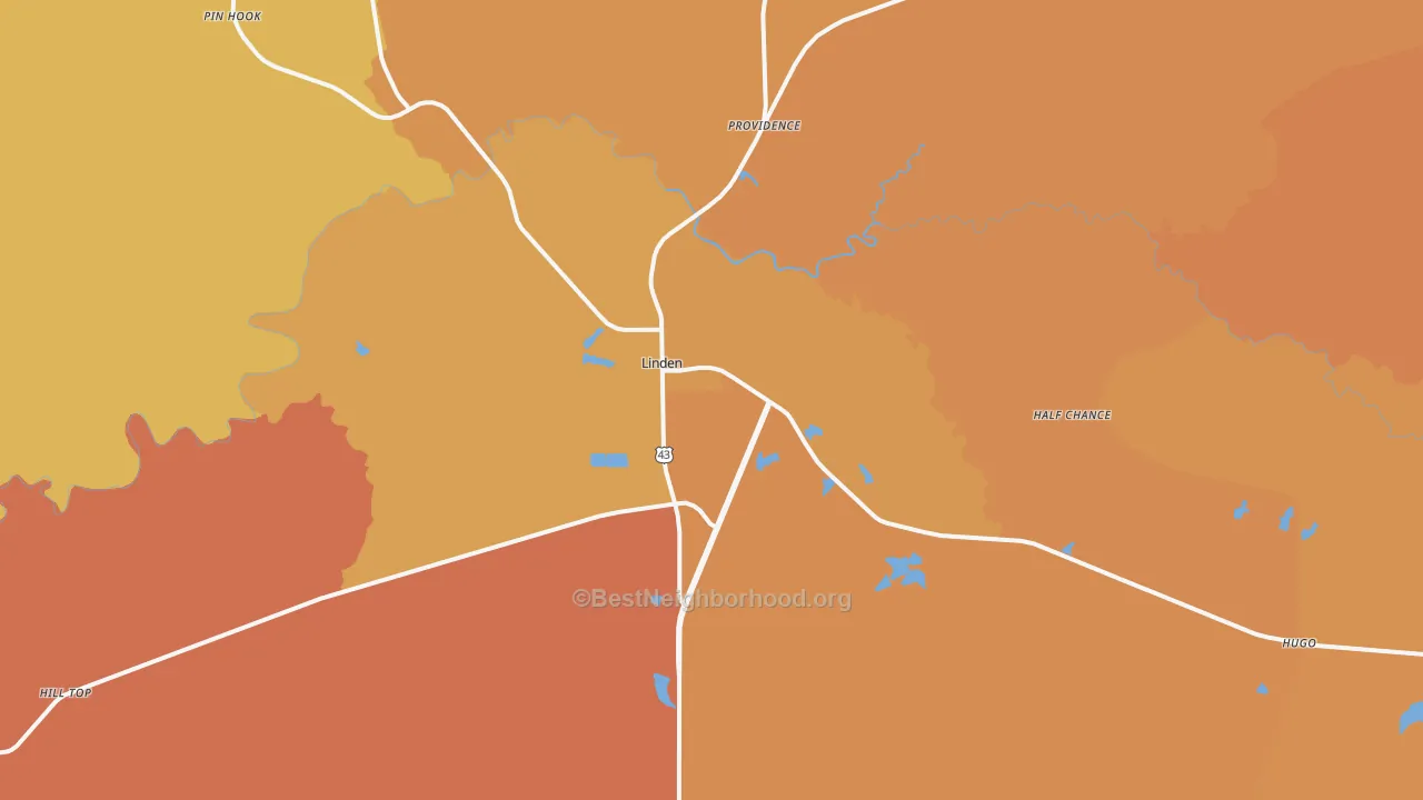 Map of the best neighborhoods in the 36748 area, with better matches in green and worse matches in red