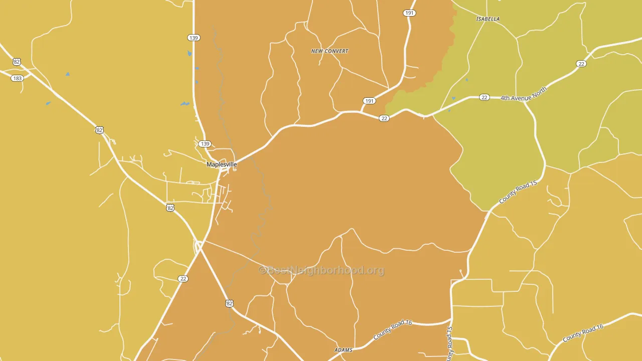 Map of the best neighborhoods in the 36750 area, with better matches in green and worse matches in red