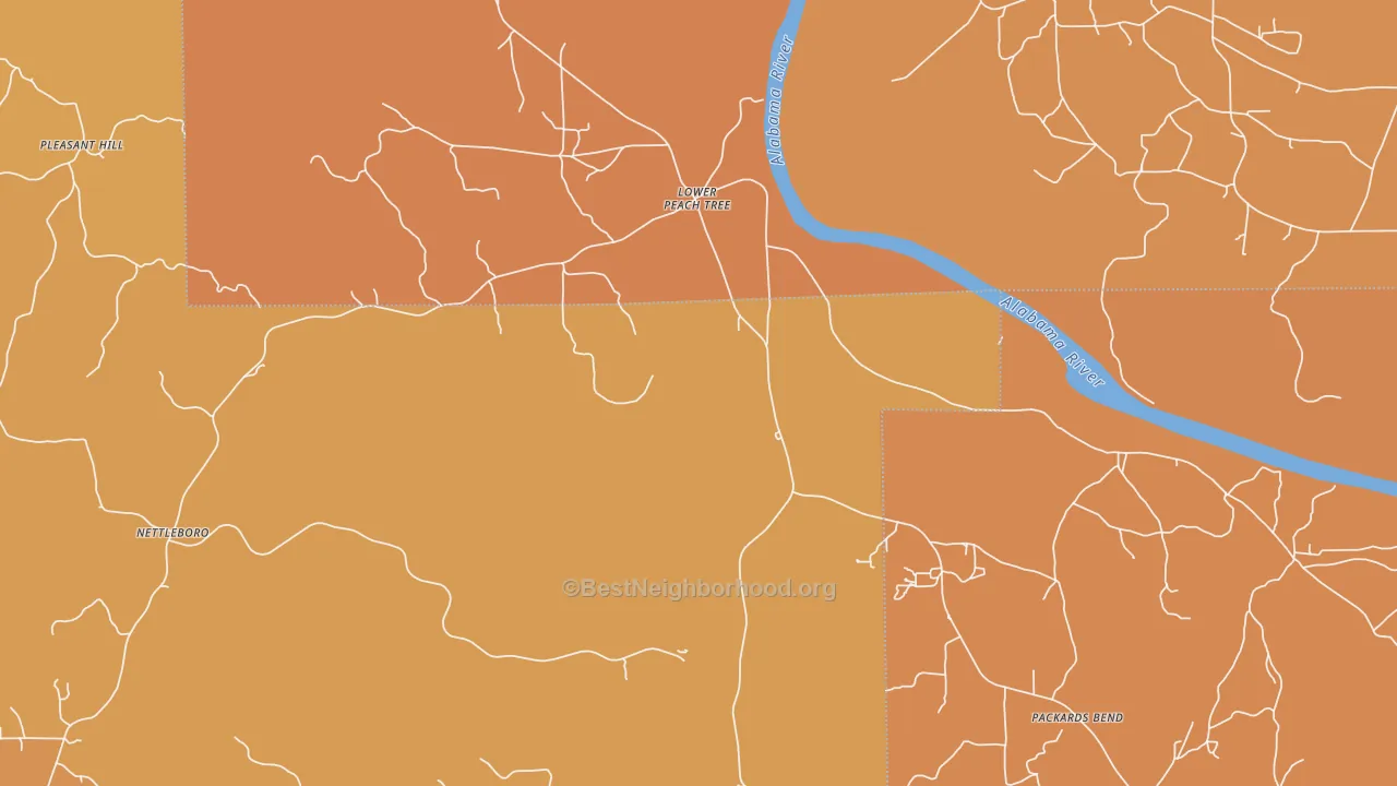Map of the best neighborhoods in the 36751 area, with better matches in green and worse matches in red
