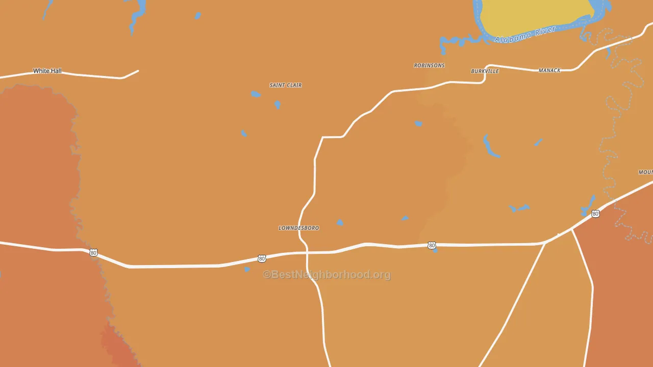 Map of the best neighborhoods in the 36752 area, with better matches in green and worse matches in red