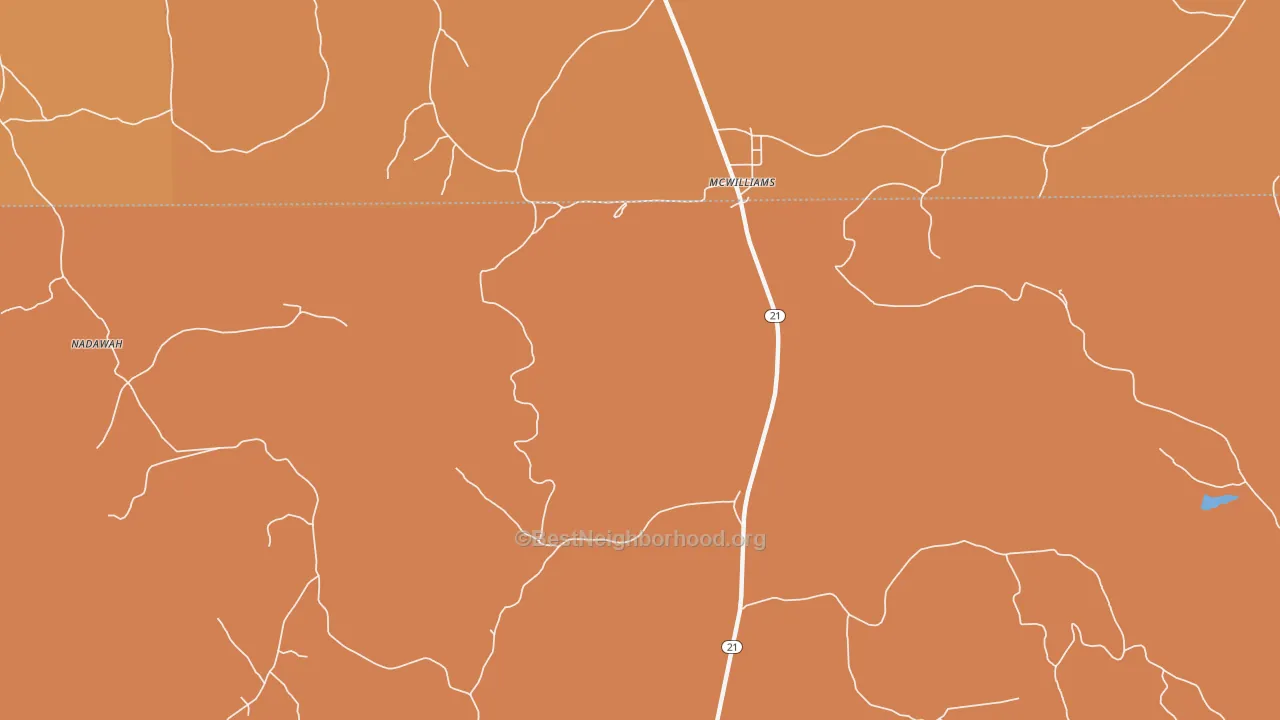 Map of the best neighborhoods in the 36753 area, with better matches in green and worse matches in red