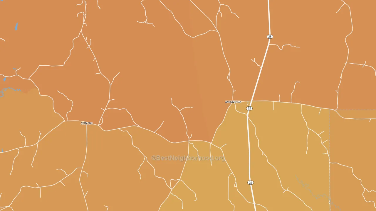 Map of the best neighborhoods in the 36754 area, with better matches in green and worse matches in red