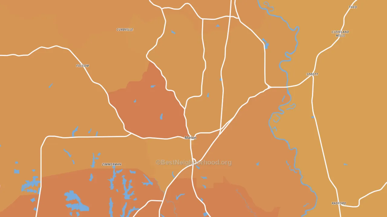 Map of the best neighborhoods in the 36756 area, with better matches in green and worse matches in red