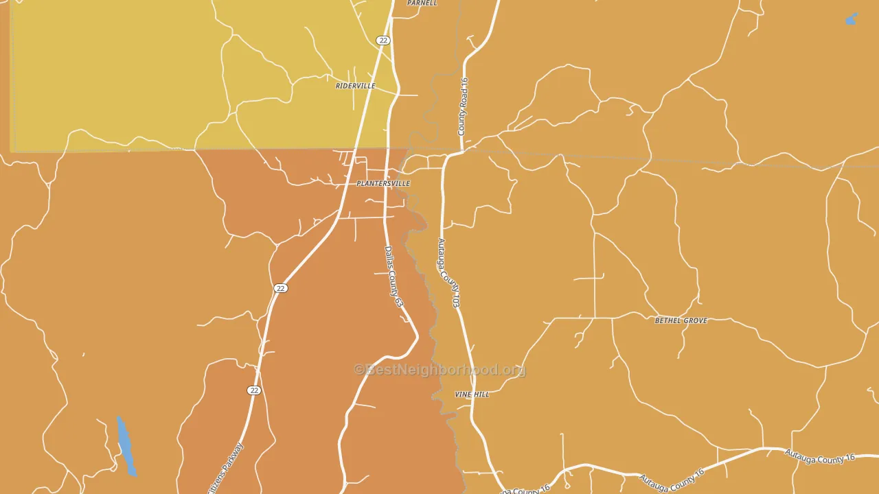 Map of the best neighborhoods in the 36758 area, with better matches in green and worse matches in red