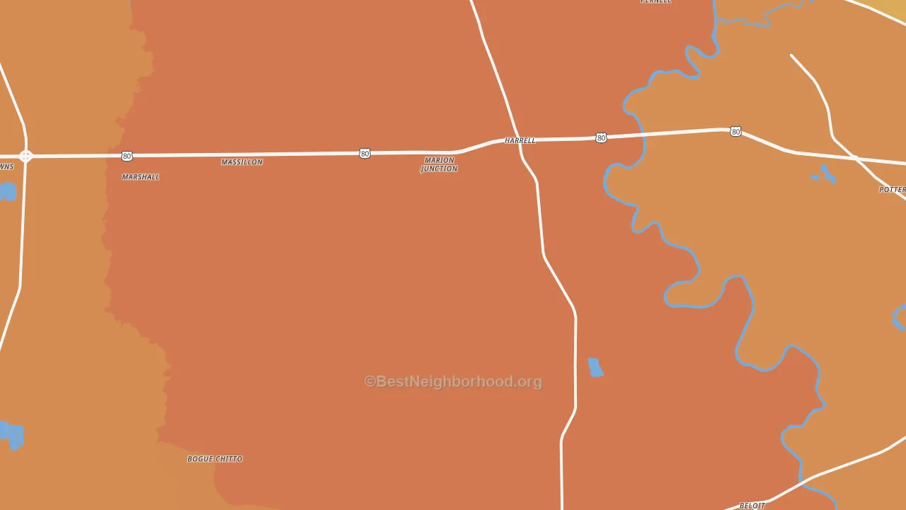 Map of the best neighborhoods in the 36759 area, with better matches in green and worse matches in red