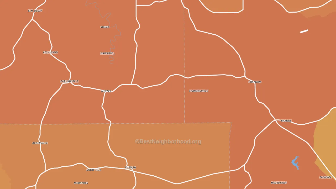 Map of the best neighborhoods in the 36761 area, with better matches in green and worse matches in red