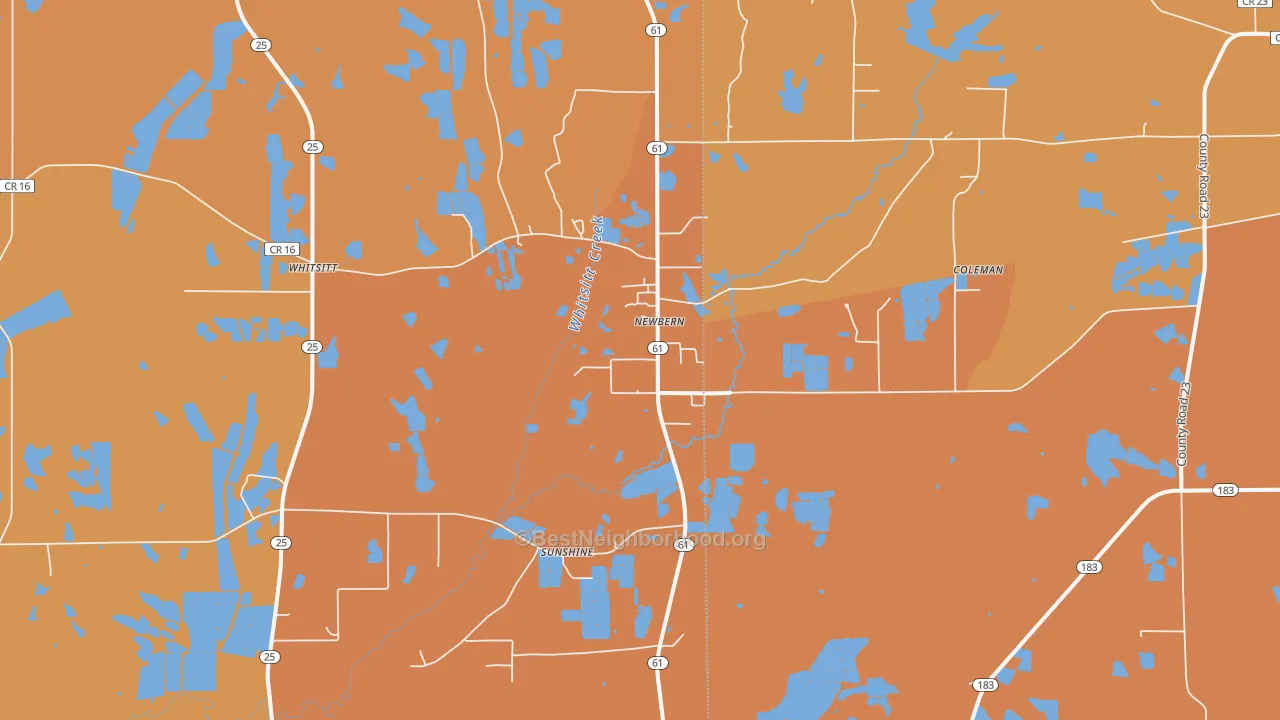 Map of the best neighborhoods in the 36765 area, with better matches in green and worse matches in red