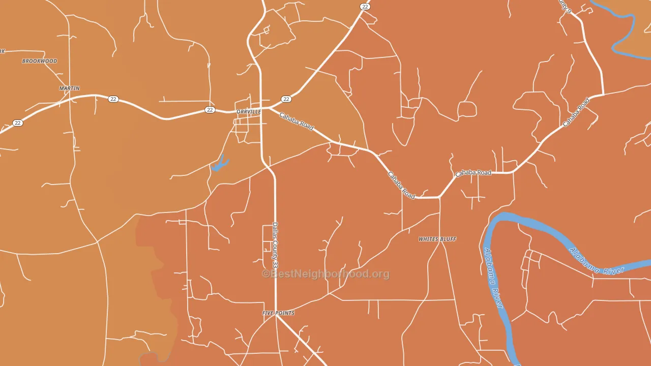 Map of the best neighborhoods in the 36767 area, with better matches in green and worse matches in red