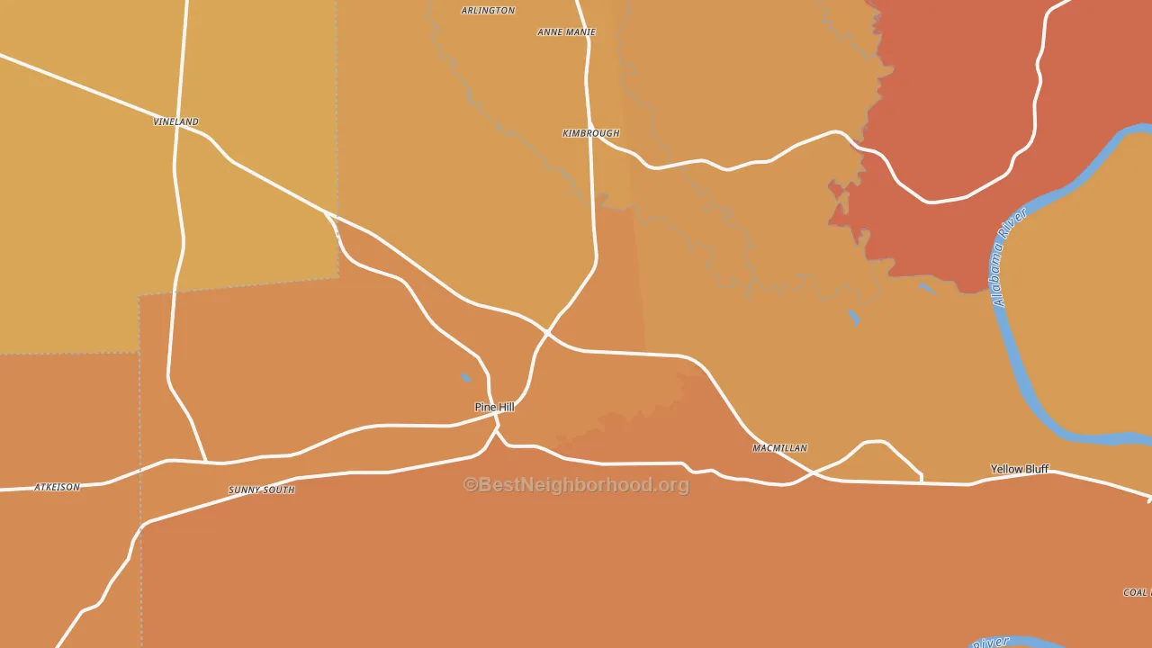 Map of the best neighborhoods in the 36769 area, with better matches in green and worse matches in red