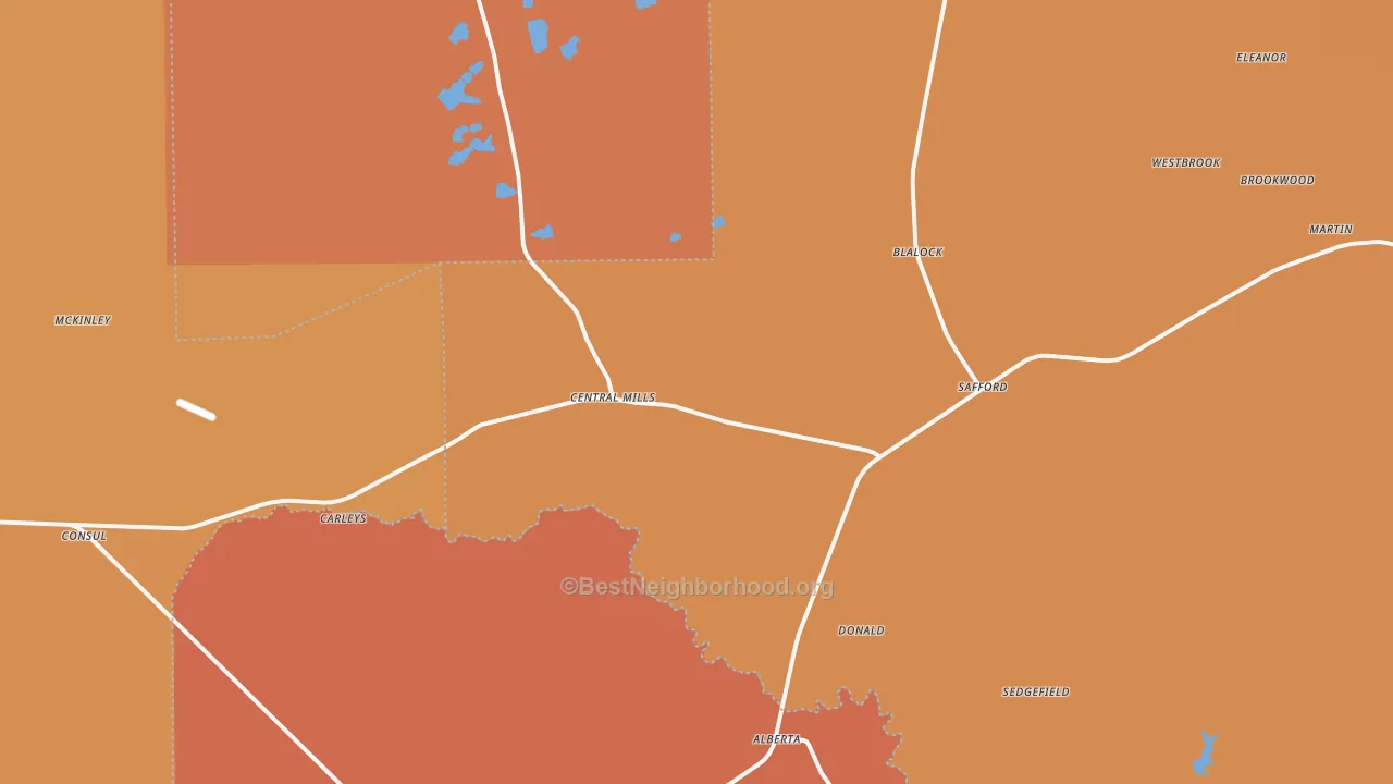 Map of the best neighborhoods in the 36773 area, with better matches in green and worse matches in red