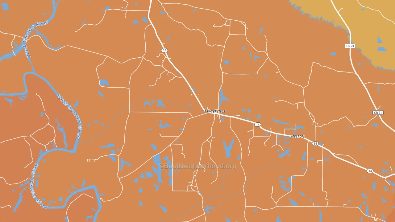 Map of the best neighborhoods in the 36776 area, with better matches in green and worse matches in red