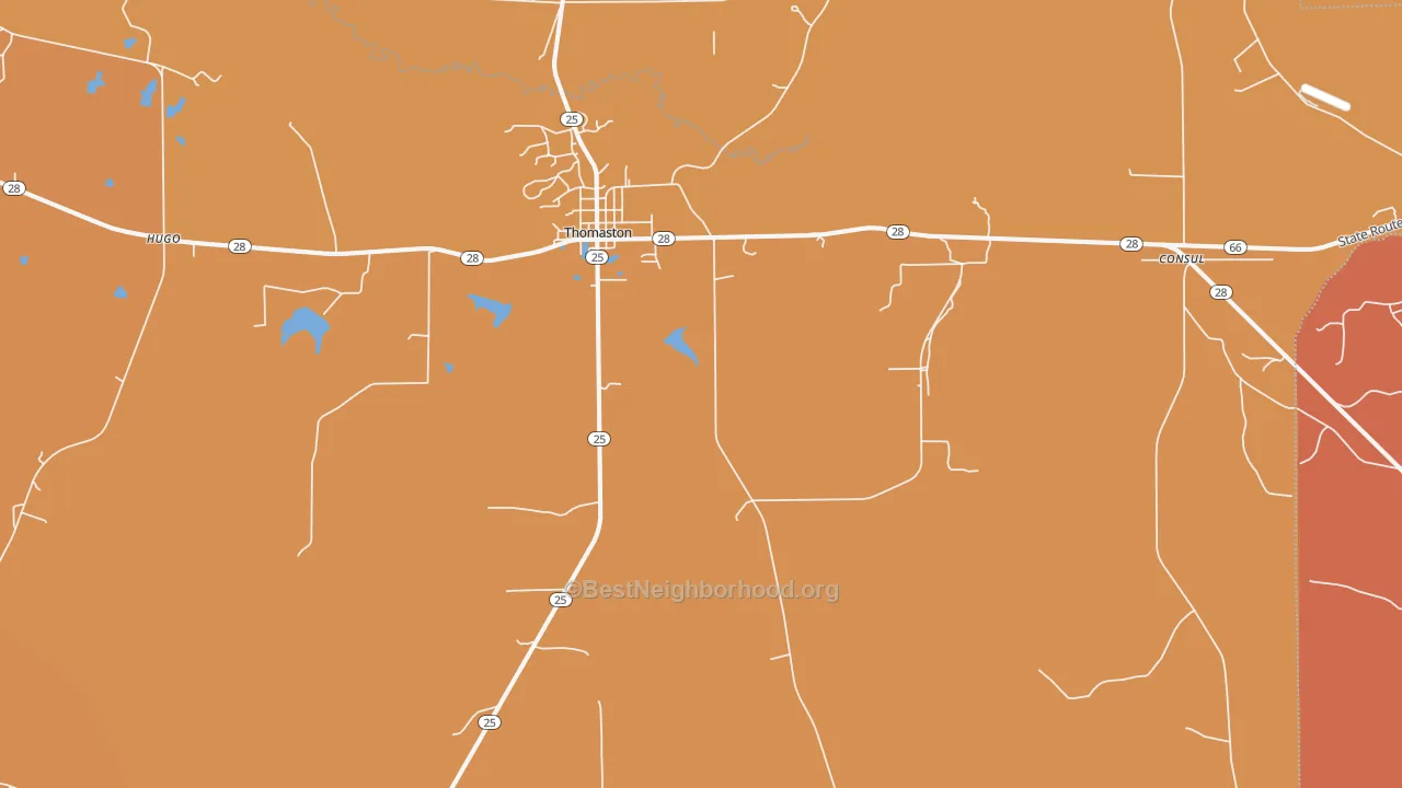 Map of the best neighborhoods in the 36783 area, with better matches in green and worse matches in red