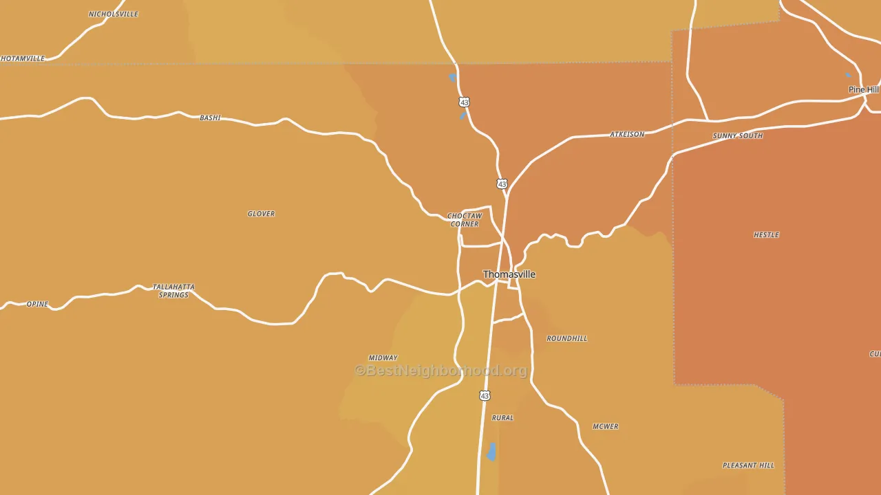 Map of the best neighborhoods in the 36784 area, with better matches in green and worse matches in red