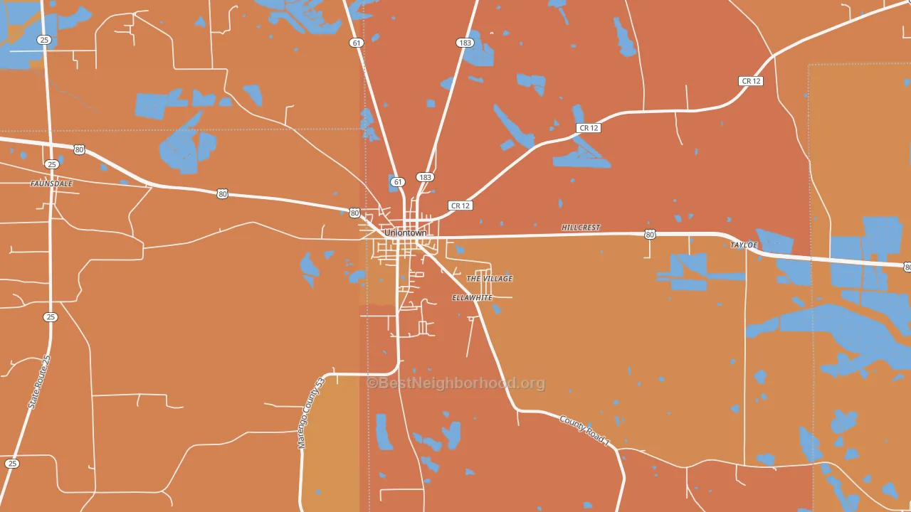 Map of the best neighborhoods in the 36786 area, with better matches in green and worse matches in red