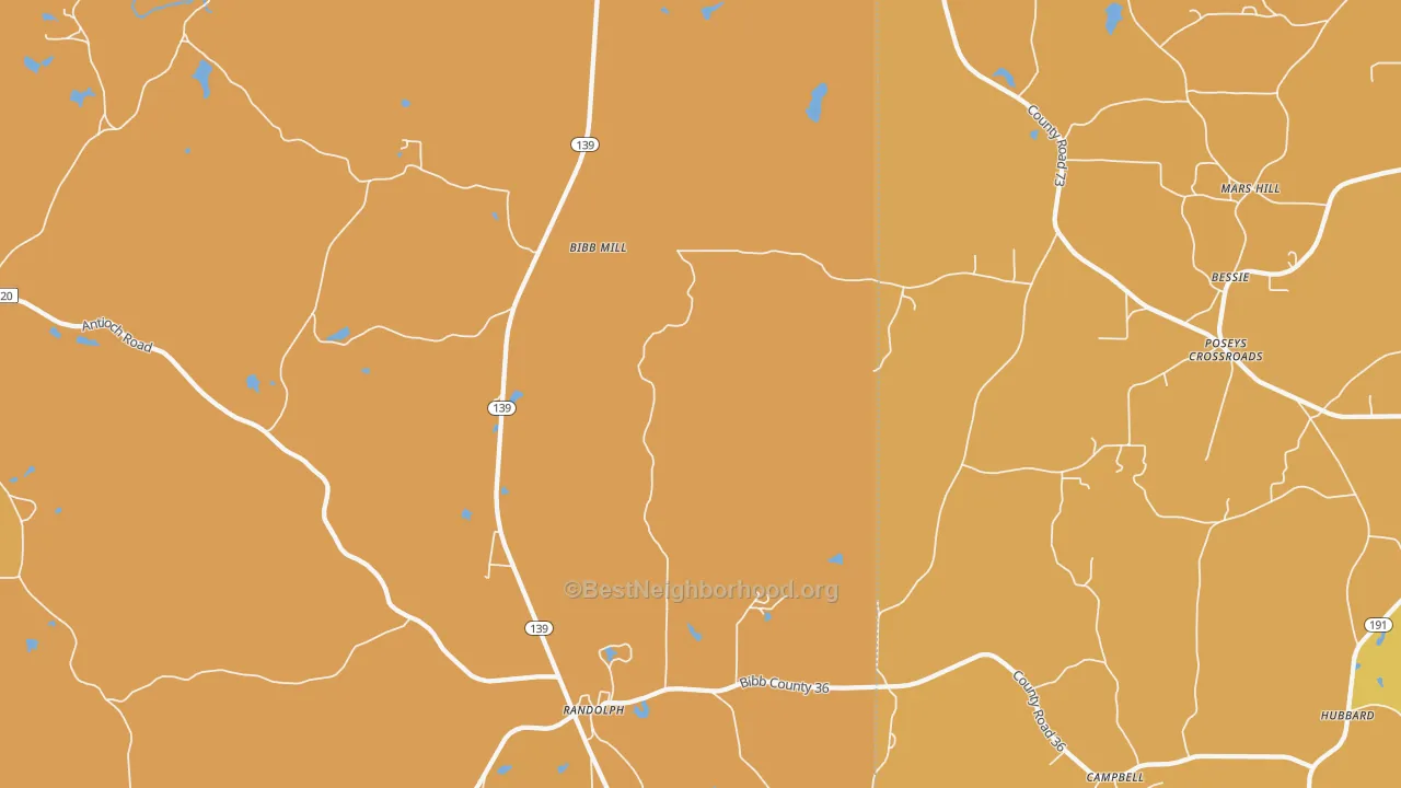 Map of the best neighborhoods in the 36792 area, with better matches in green and worse matches in red