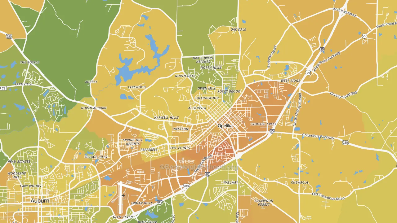 Map of the best neighborhoods in the 36801 area, with better matches in green and worse matches in red