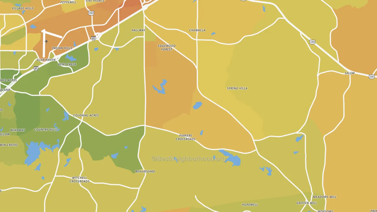 Map of the best neighborhoods in the 36804 area, with better matches in green and worse matches in red