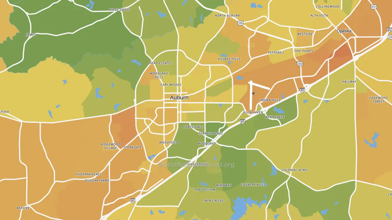 Map of the best neighborhoods in the 36830 area, with better matches in green and worse matches in red