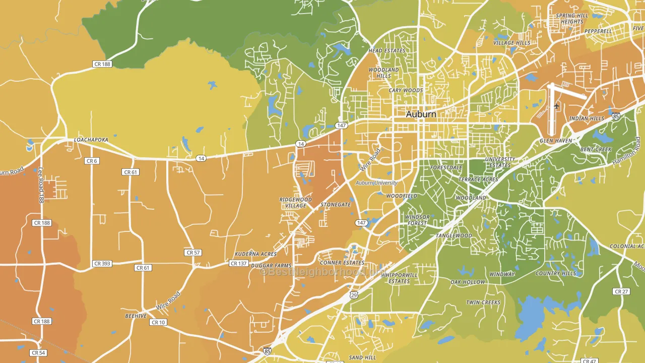 Map of the best neighborhoods in the 36832 area, with better matches in green and worse matches in red