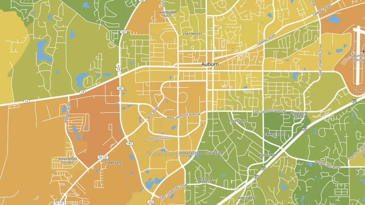 Map of the best neighborhoods in the 36849 area, with better matches in green and worse matches in red