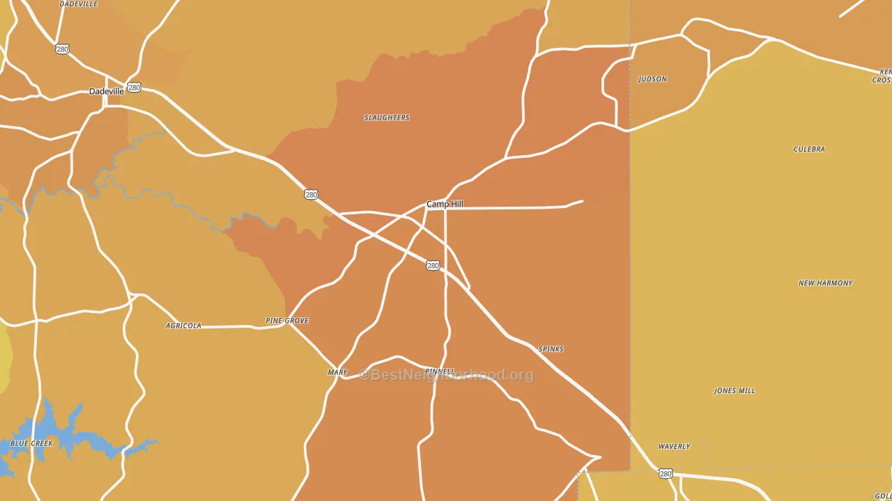 Map of the best neighborhoods in the 36850 area, with better matches in green and worse matches in red