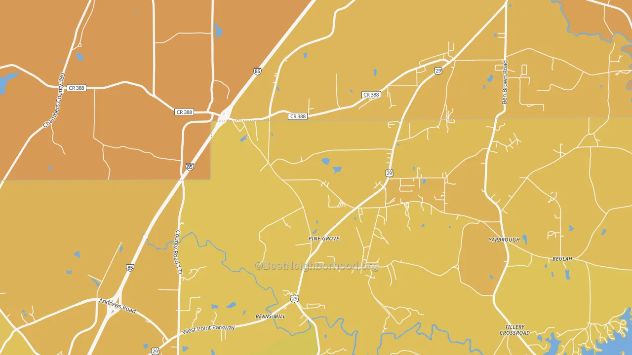 Map of the best neighborhoods in the 36852 area, with better matches in green and worse matches in red