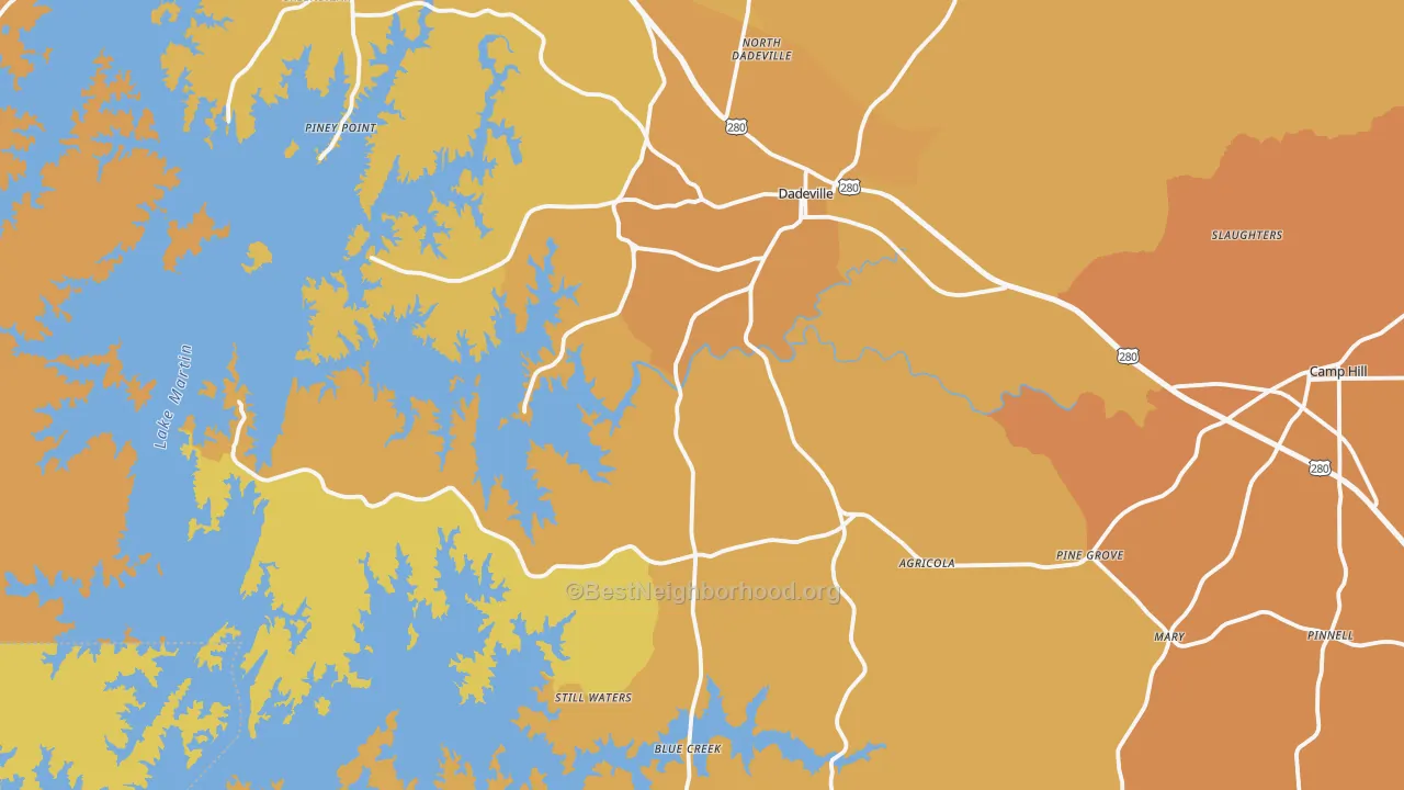 Map of the best neighborhoods in the 36853 area, with better matches in green and worse matches in red