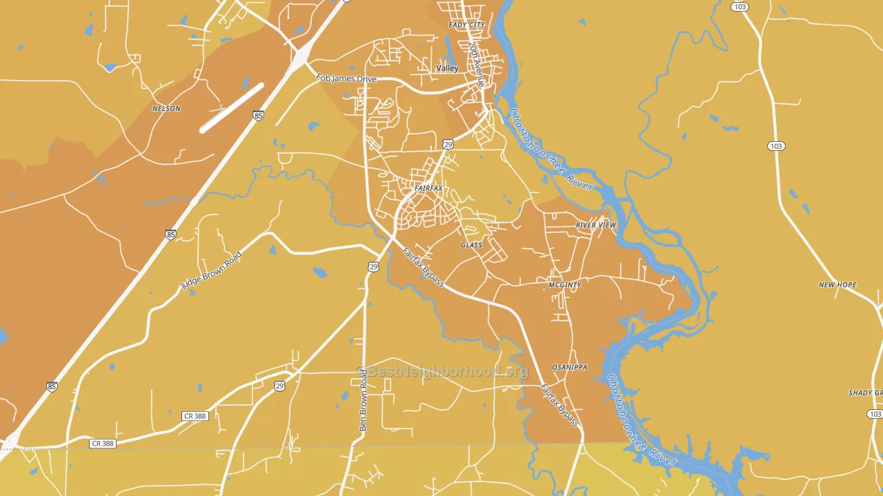Map of the best neighborhoods in the 36854 area, with better matches in green and worse matches in red