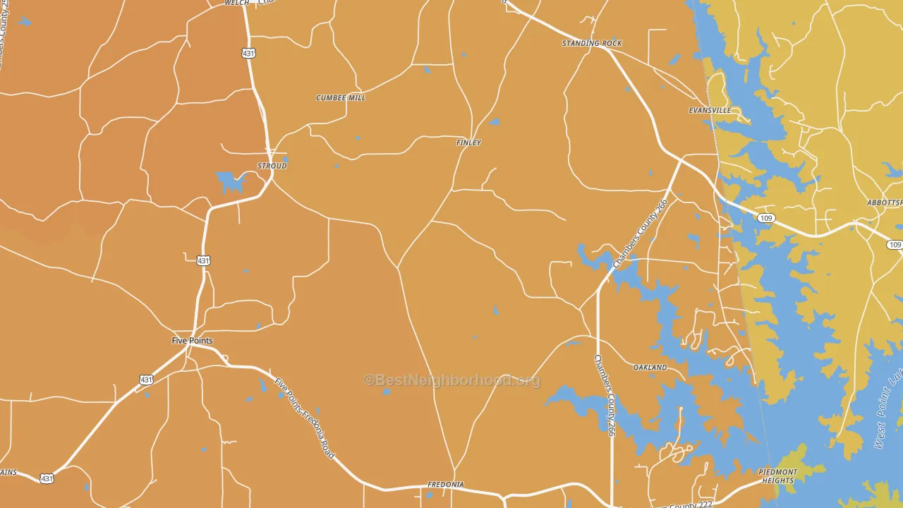 Map of the best neighborhoods in the 36855 area, with better matches in green and worse matches in red