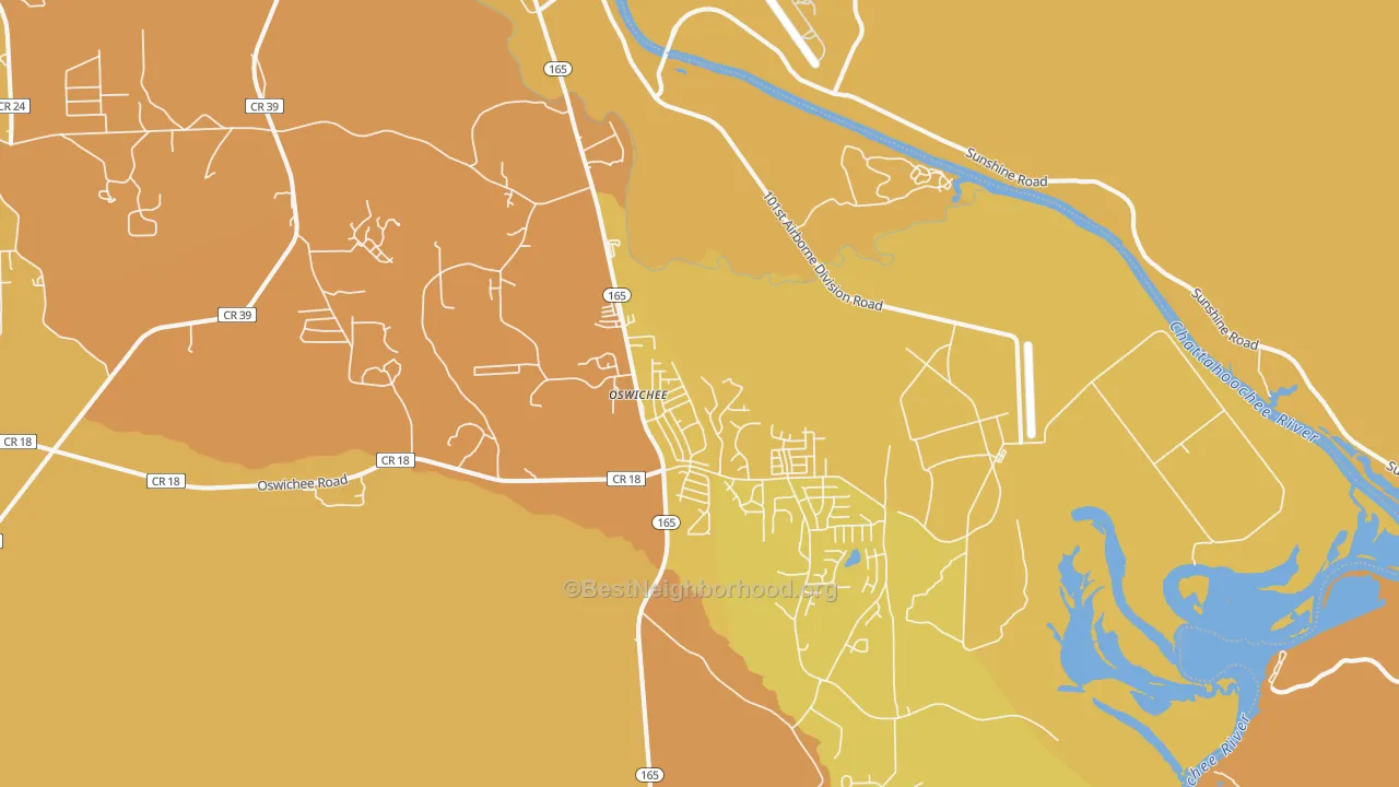 Map of the best neighborhoods in the 36856 area, with better matches in green and worse matches in red