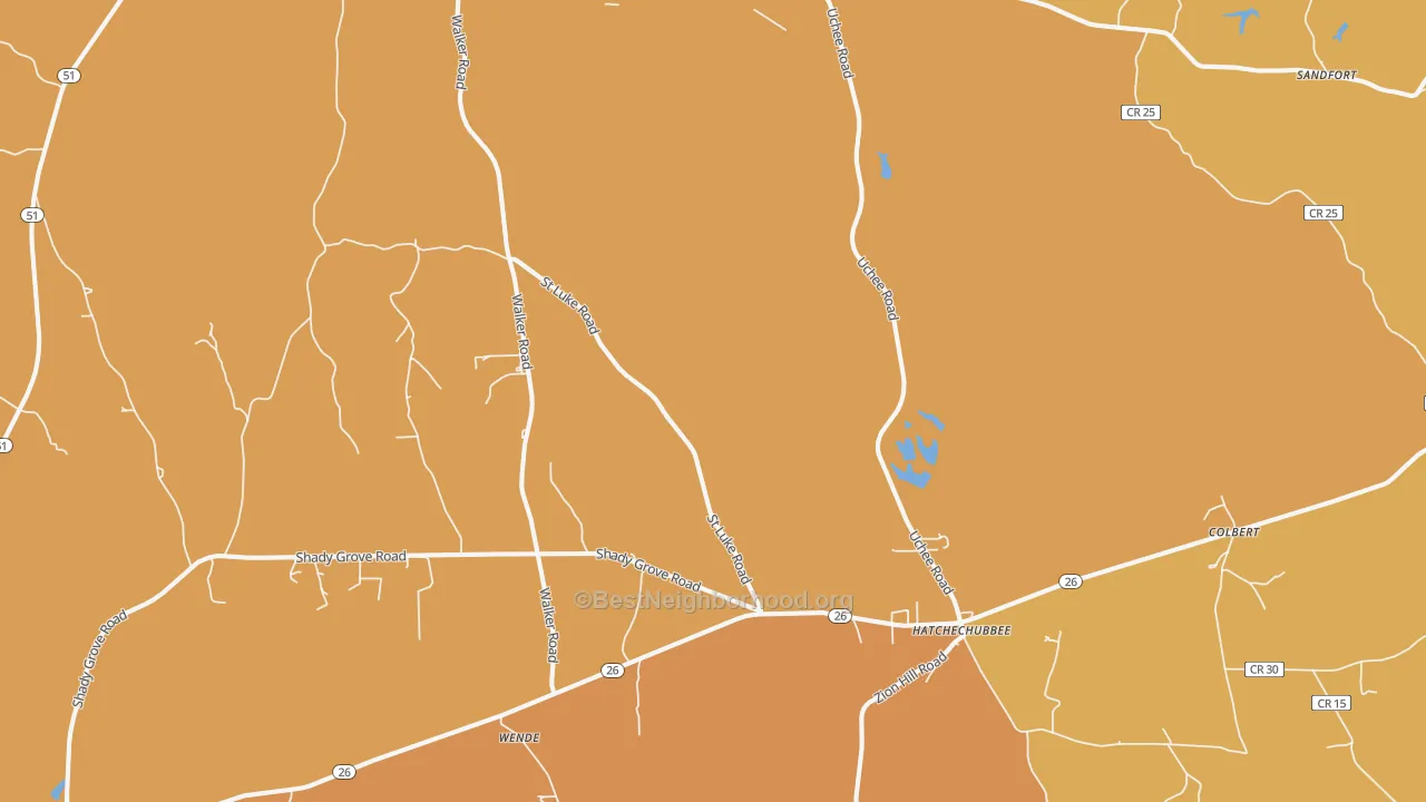 Map of the best neighborhoods in the 36858 area, with better matches in green and worse matches in red