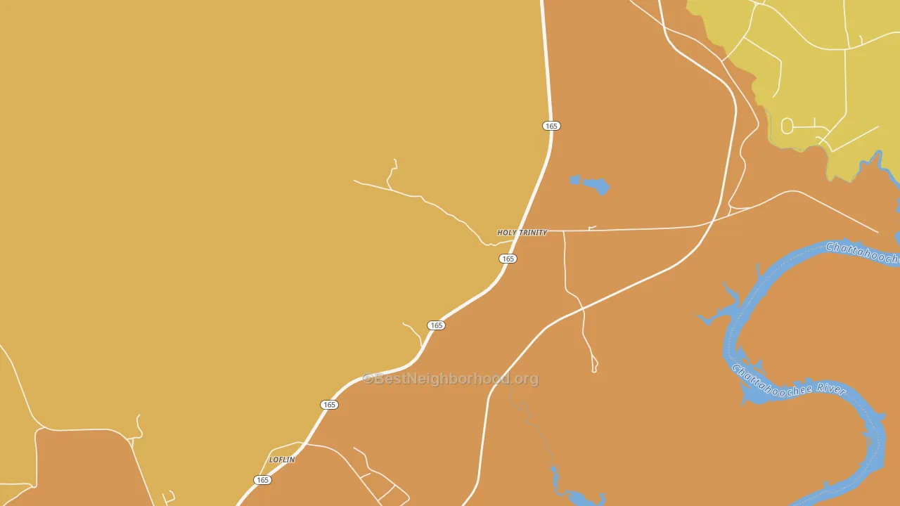 Map of the best neighborhoods in the 36859 area, with better matches in green and worse matches in red