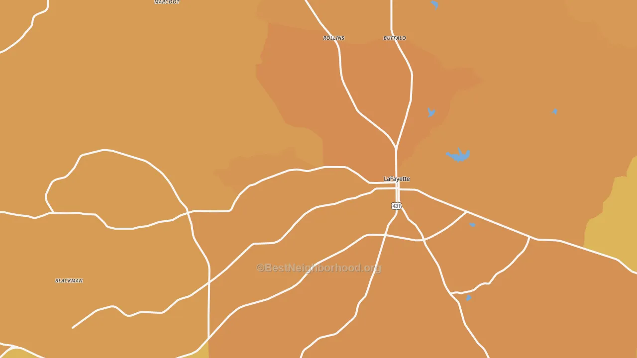 Map of the best neighborhoods in the 36862 area, with better matches in green and worse matches in red