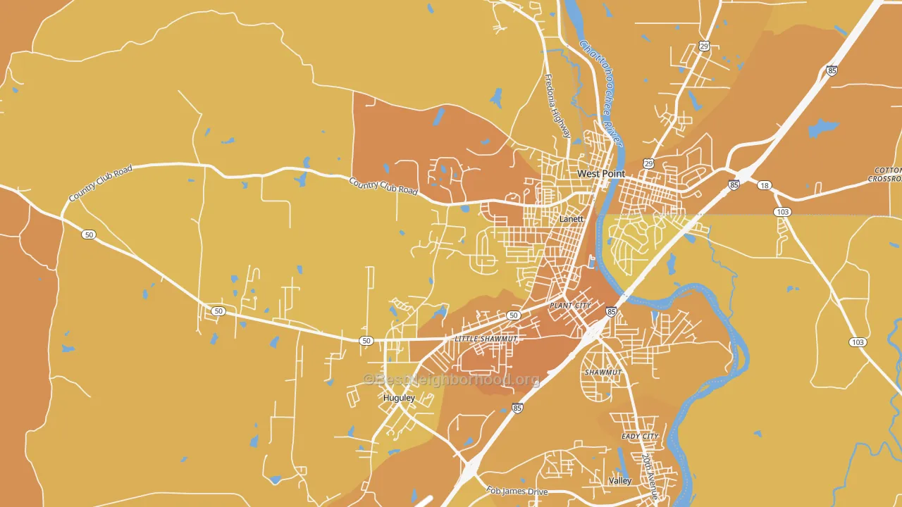 Map of the best neighborhoods in the 36863 area, with better matches in green and worse matches in red