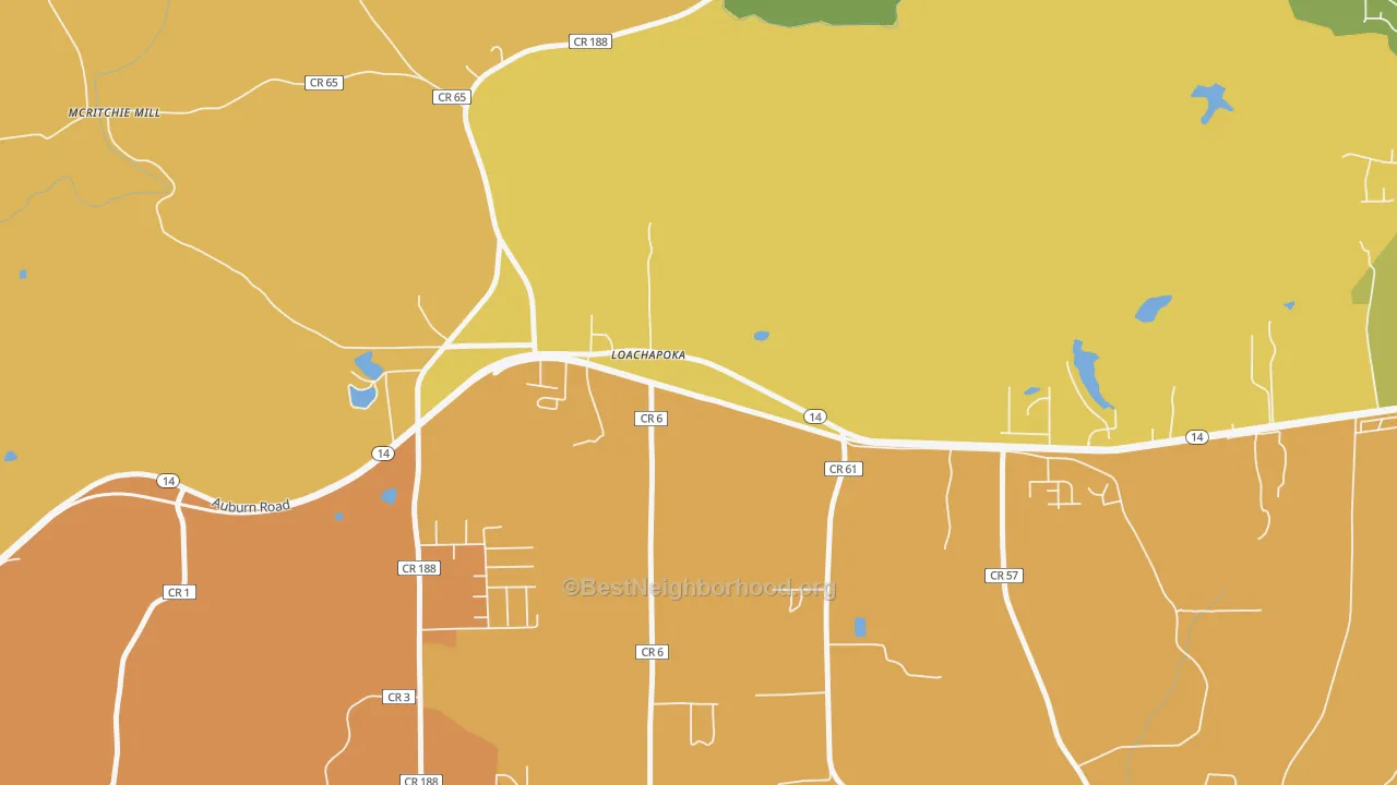 Map of the best neighborhoods in the 36865 area, with better matches in green and worse matches in red